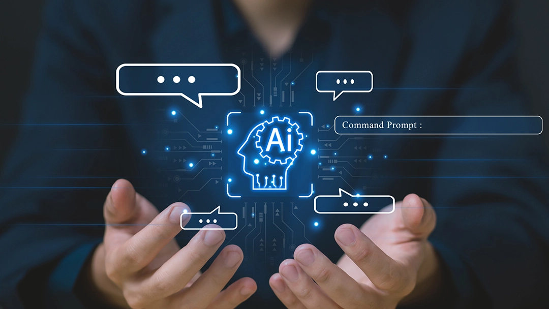 A person’s hands hold a digital interface displaying AI icons and message bubbles, symbolizing interaction with artificial intelligence.
