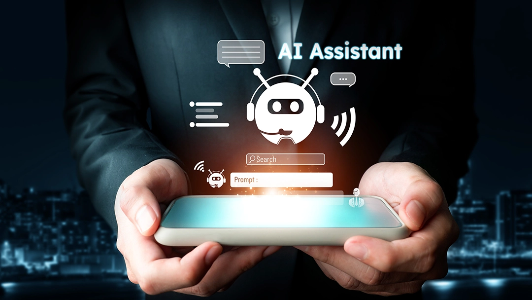 A person in a suit holds a smartphone displaying an AI assistant interface with chat bubbles and prompts in a night city setting.