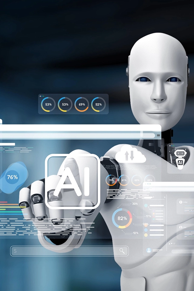 A futuristic robot points at digital data displays with analytics and AI graphics, emphasizing technology and innovation.